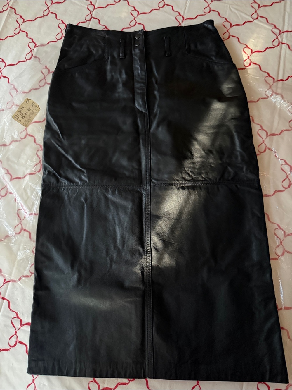 Together Black Leather Midi Skirt with Front Seam belt loops slash pockets